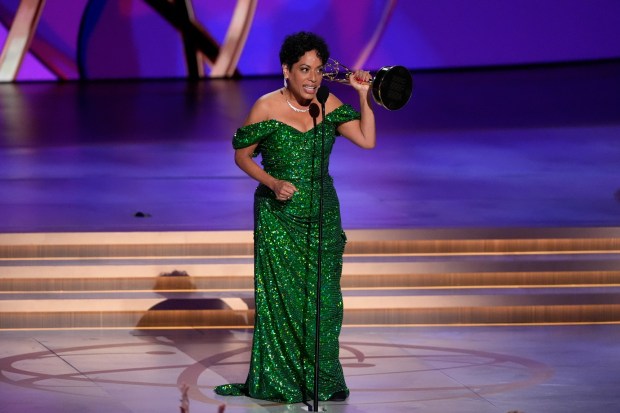 Liza Colon-Zayas accepts the award for outstanding supporting actress in a comedy series for "The Bear" during the 76th Primetime Emmy Awards