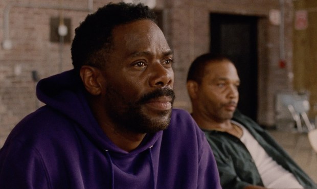 Colman Domingo, left, with Clarence Maclin, in the true-life docudrama "Sing Sing." (A24)