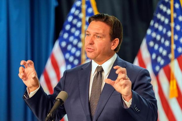 Florida Gov. Ron DeSantis delivers remarks and answers questions at a news conference Monday, Sept. 16, 2024, in Orlando, Fla. (AP Photo/John Raoux)