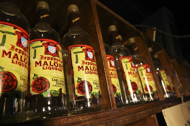 Empty bottles of Malort line a shelf high off the bar at Christina's Place, at 3759 N. Kedzie Ave., in Chicago, on Wednesday Jan. 8, 2014. (Nuccio DiNuzzo/Chicago Tribune/TNS)