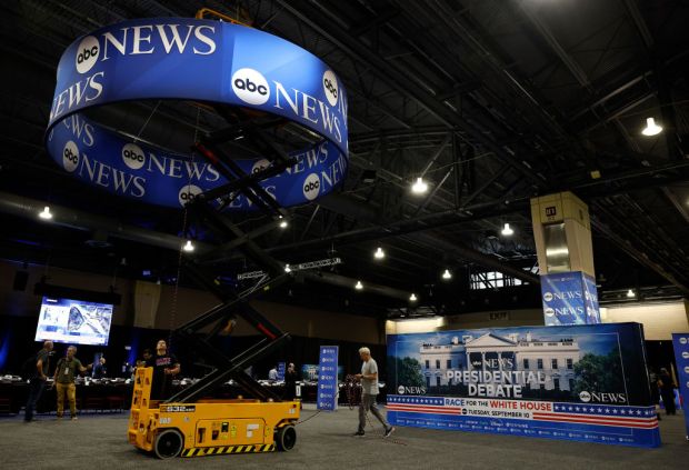 Final preparations are made in the spin room prior to the ABC News Presidential Debate on September 9, 2024 at the Convention Center in Philadelphia, Pennsylvania. 