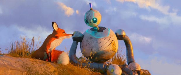 Fink, a Fox voiced by Pedro Pascal, and Roz, a robot voiced by Lupita N'yongo), become parents of sorts in "The Wild Robot." (Courtesy of Universal Pictures and DreamWorks Animation)