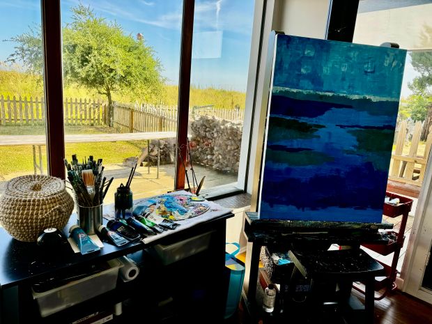 The space in her home on Willoughby Spit where Kim Keene creates her art overlooking the Chesapeake Bay. (Sandra J. Pennecke/Staff)