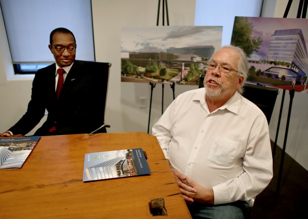 Pamunkey Indian Tribe Chief Robert Gray, right, and Boyd Gaming General Counsel and Corporate Secretary Uri Clinton talk with the media about the continued development of the Norfolk Casino's on Wedsneday, Sept. 11, 2024. (Stephen M. Katz / The Virginian-Pilot)