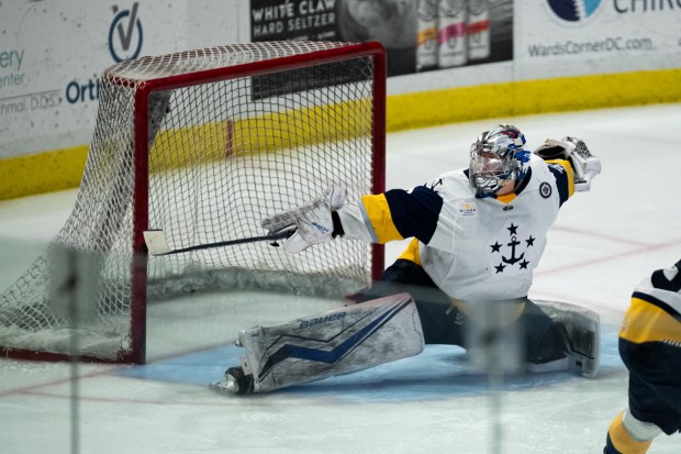 Norfolk Admirals goalie Oskari Salminen stretches out to make a save, but by the end of the game would give up 5 goals in the Admirals loss to the Adirondack Thunder in game 4 of the northern division finals at Scope Arena on Friday, May 10, 2024, in Norfolk, Va. (Mike Caudill for The Virginian-Pilot)